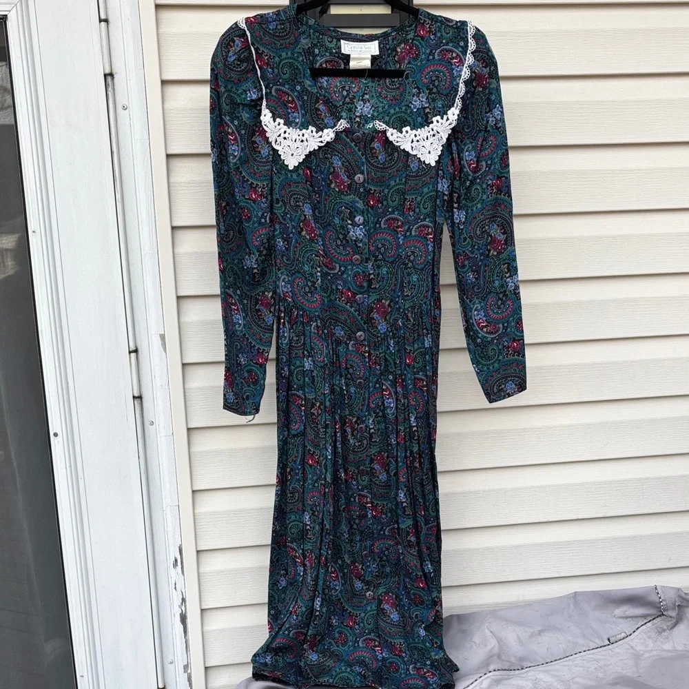 GUNNE SAX JESSICA MCCLINTOCK BLUE WHITE LACE Paisley Long Sleeve Dress-3-VINTAGE